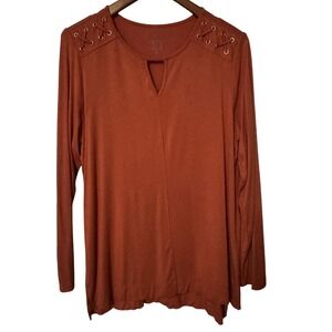 Chicos Long Sleeve‎ Top Tunic Orange Rayon Blend Lace Up Shoulders Size 2/ Large